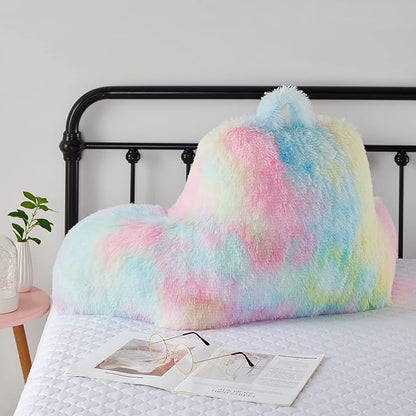 Fluffy Fur Reading Pillow for Adults & Kids Unisize, Stylish College Essentials for Girl, Fuzzy Back Pillow for Sitting in Bed, Adorable Gift for Teens, Bed Rest Sit Up Arm Support Pillow