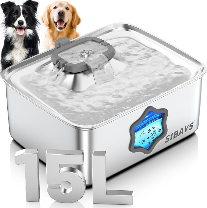 SIBAYS 4Gal/15L Dog Water Fountain, Stainless Steel Pet Water Fountain with Water Level Window & LED Light, Quiet Automatic Dog Water Bowl Dispenser for Large Dogs & Multi-Pet, Easy to Clean FS81