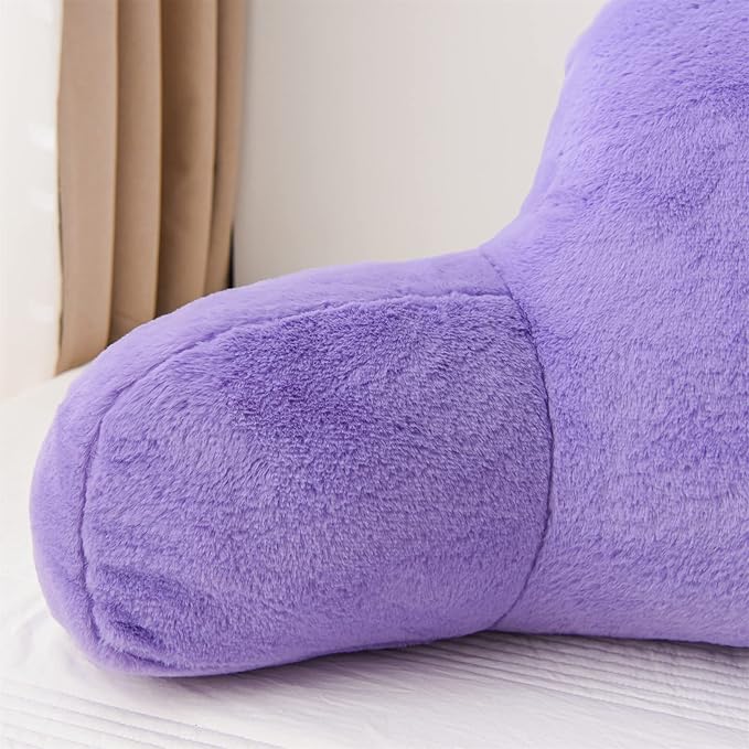 A Nice Night Faux Fur Reading Pillow Bed Wedge Large Adult Children Backrest with Arms Back Support for Sitting Up in Bed/Couch for Bedrest,Lightpurple