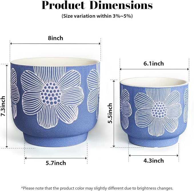 YBX 8 Inch + 6 Inch White Flower Pattern Plant Pots, Sand Glazed Ceramic Planter with Drainage Hole, Flower Pots for Indoor Plants, Blue