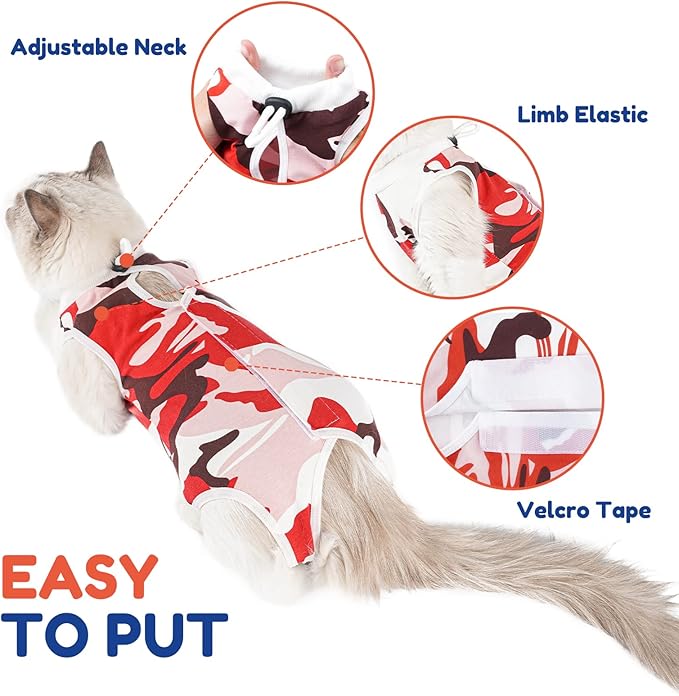 Cat Surgical Recovery Suit, Abdominal Wounds Cone E-Collar Alternative Anti-Licking Or Skin Diseases Pet Surgical Recovery Pajama Suit, Soft Fabric Onesies for Cats (L, Red)