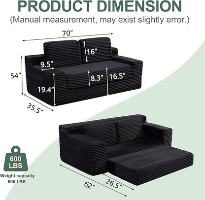 70" Cloud Loveseat Sofa Couch in a Box, 2 Seater Boneless Couch, Convertible Pull Out Sofa Bed with Pillows, No Assembly, Memory Foam, Modern Small Couches for Small Spaces (Black-Folding)