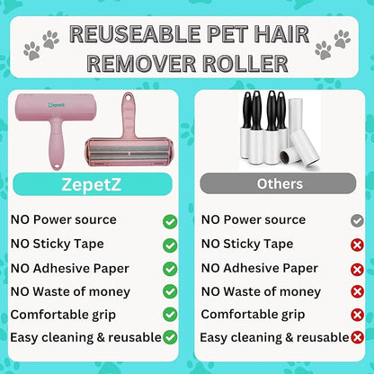 Pet Hair Remover Roller – Reusable Self-Cleaning Fur Removal Tool for Dogs & Cats – Ergonomic & Eco-Friendly Lint Roller for Couch, Carpet, Bed, Car Seat & More (Pink)