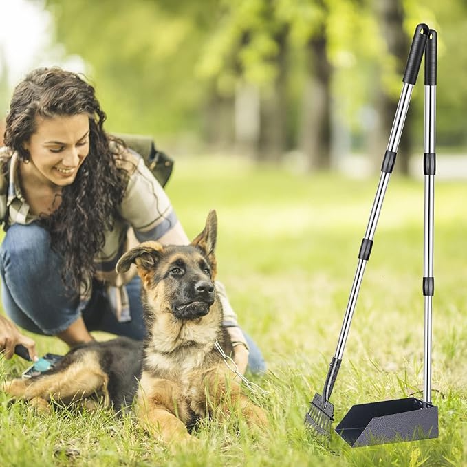 TNELTUEB Dog Pooper Scooper Set, 3 Pack Adjustable 49.1 Inches Long Handle Metal Tray, Rake and Spade Poop Scoop for Waste Removal, No Bending Clean Up for Large and Small Dog