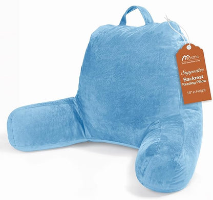 Sasttie Reading Pillow, Velvet Back Pillow for Bed Sitting Up, Adult Back-Rest Support Cushion with Arms for Sit Up on Couch, Sofa, and Floor, Dorm Essentials, Reading Accessories, Blue