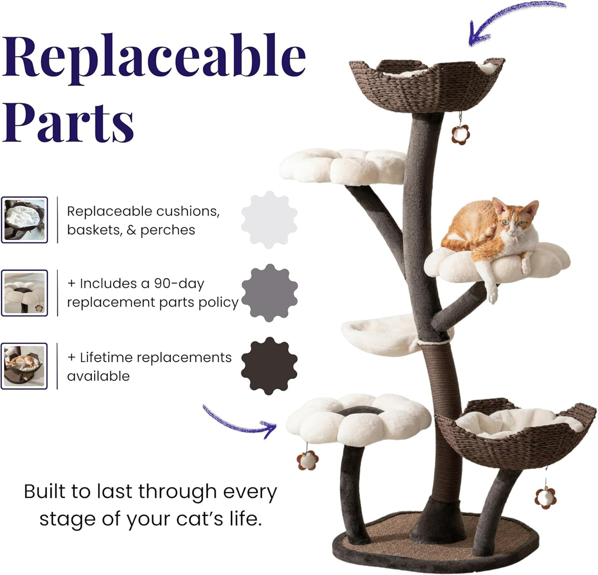 Catry Blossom 59" Flower Cat Tree with Replaceable Flower Perches and Scratching Posts, Handwoven Baskets with Washable Beds, Durable Iron Frame for Large & Multi-Cat Homes