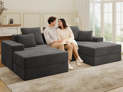 Living&Giving 101" U-Shaped Cloud Sectional Couch for Living Room, Cloud Boneless Couch-No Assembly with Reversible Chaise, Customizable 3-Seat Modular Sectional Sofa with 2 Ottoman,Dark Grey