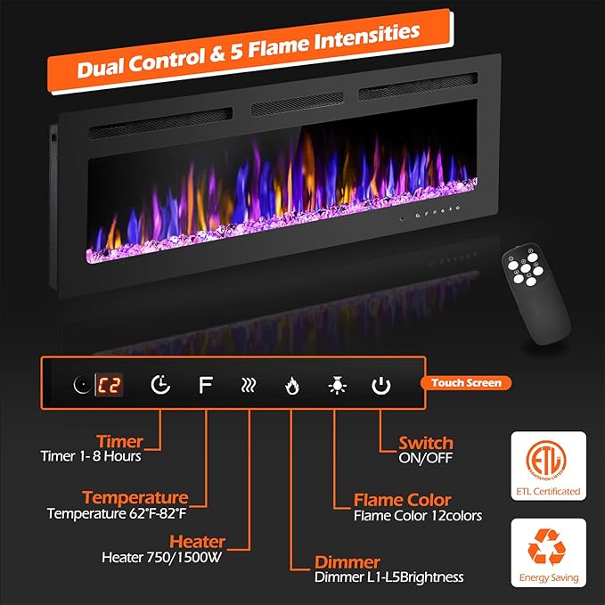 50" Electric Fireplace Wall Mounted and Recessed