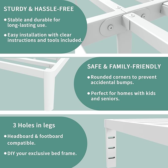 ITIMIDI 12 Inch White Queen Bed Frame, Metal Platform Bed Frame No Box Spring Needed, Heavy Duty Queen Size Bed Frame, Round Corner Legs, Easy Assembly, Under Bed Storage
