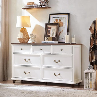 24" Wide Farmhouse Nightstand Set of 2, 54" 7 Drawers Dresser, 37" Tall Rustic Chests of Drawers w/ 4 Solid Wood Feet, Farmhouse Furniture Series for Living Room,Bedroom,White