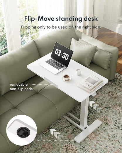 FLEXISPOT H7 PRO Mobile Standing Desk Adjustable Overbed Table Pneumatic with Wheels 90°Tiltable Portable Laptop Desk Rolling Computer Cart Foldable Bedside Table(27.6" W x 15.7" D, White)