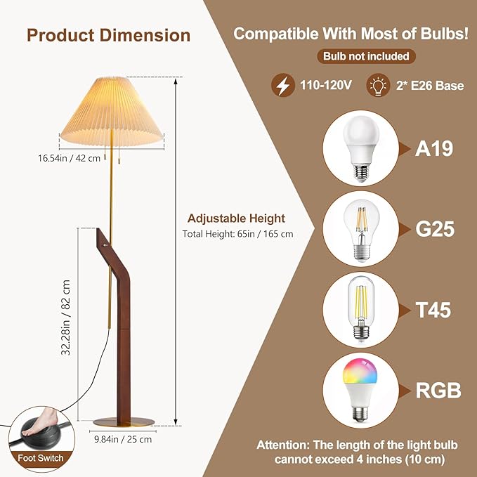 Wood Floor Lamp,Mid Century Modern Floor Lamp,Floor Lamps for Living Room, Height Adjustable Study Room,Bedroom,Office Gold Tall Standing Lamp