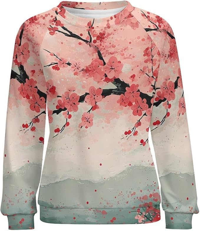 Womens Long Sleeve Tops Y2k Japanese Art Print Sweatshirts Fall Pullover for Women Crewneck Vintage Shirts Boho Tops