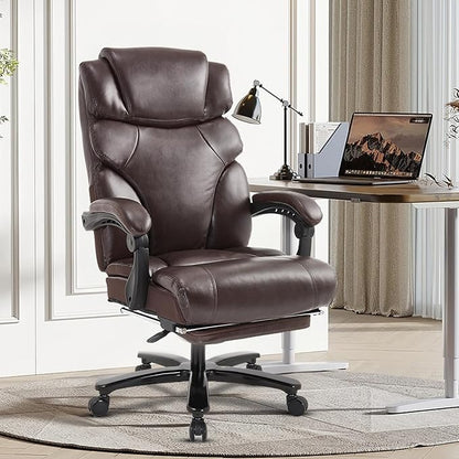 KCREAM 550lbs Heavy Duty Office Chair with Wide Seat,Big and Tall Executive Office Chair,Ergonomic Reclining Desk Chair with Footrest,PU Leather Computer Chair for Home and Office Use,Brown