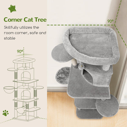 Globlazer Corner Cat Tree for Large Cats, 66inch Tall Curved Series Large Cat Tower for Multiple Indoor Cats with 6 Scratching Posts, 2 Spacious Cat Condos, Hammock, Hanging Basket, C66, Light Grey
