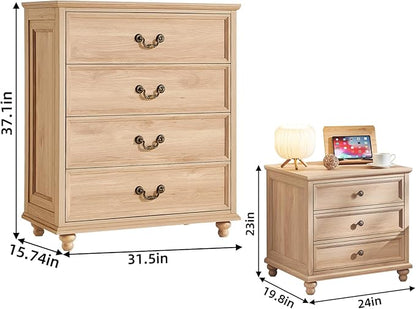 24" Wide Farmhouse Nightstand Set of 2, 37" Tall Rustic Chests of Drawers w/ 4 Solid Wood Feet, Farmhouse Furniture Series for Living Room,Bedroom,Wood