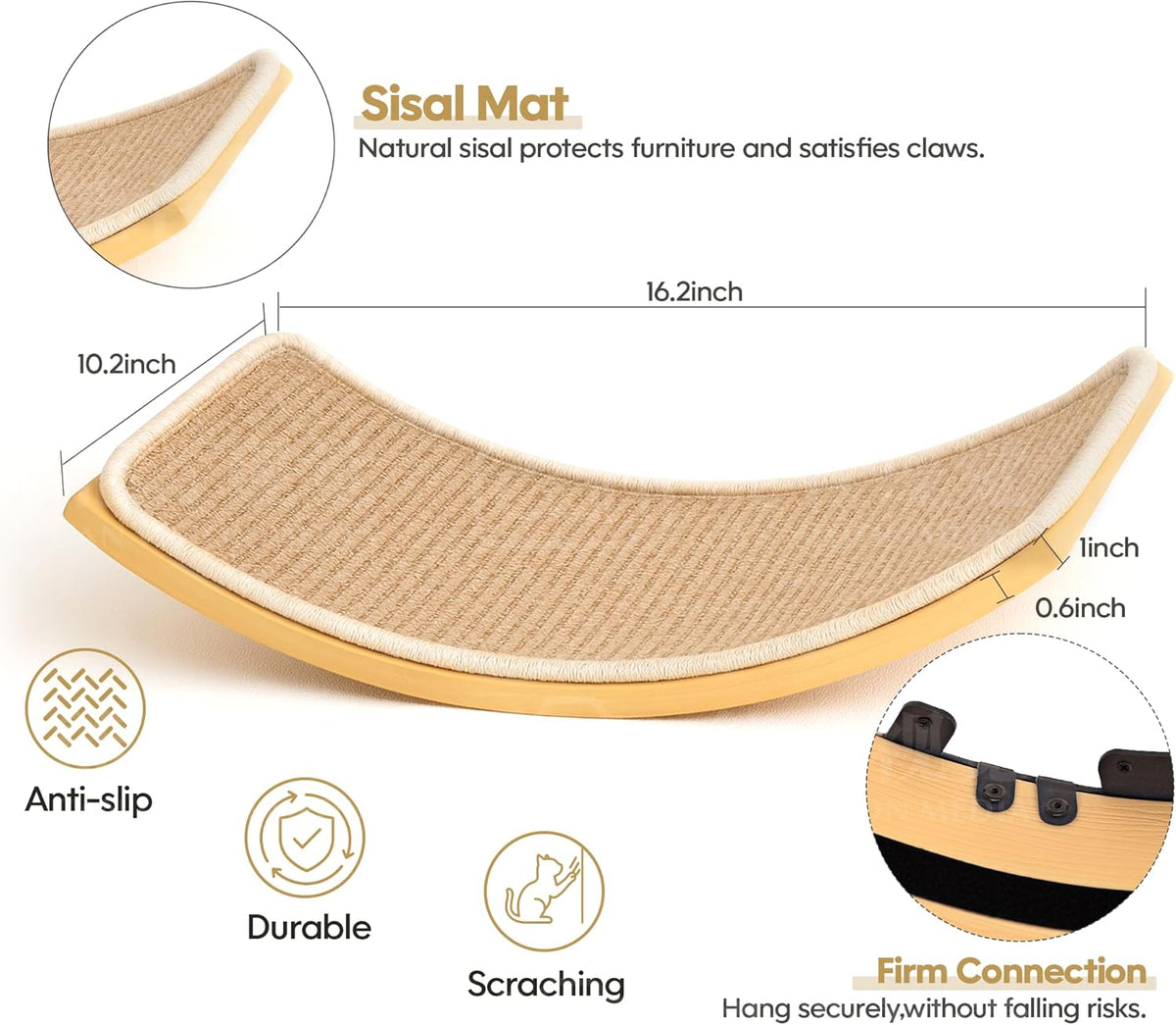 Wood Cat Wall Bed with Sisal Mat – Curved Cats Shelf for Scratching and Sleeping, Wall Mounted Cat Furniture for Large Cats