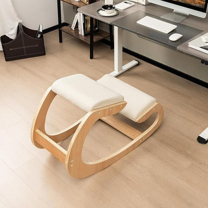 Giantex Ergonomic Kneeling Desk Chair, Rocking Knee Chair with Cushion & Solid Wood Frame, Natural Relief for Neck or Back Pain, Posture Chair for Desk, Home, Office, Max Load 330 Lbs (Beige)