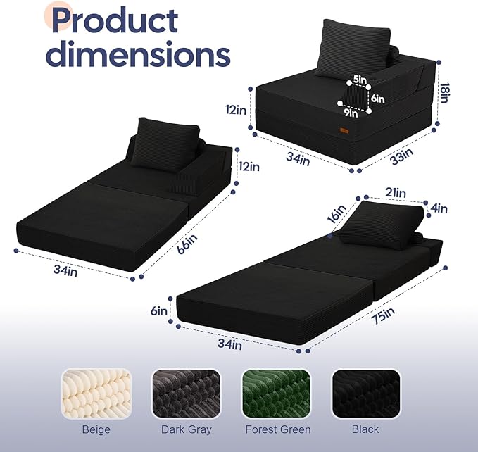 COMAX Folding Sofa Bed, Foldable Couch for Bedroom, Corduroy Convertible Floor Sleeper Futon Chair Foam, 3 in 1 Fold Out Chair Portable Comfy Lounge Couch Single Sofa Bed for Small Space Guest Room