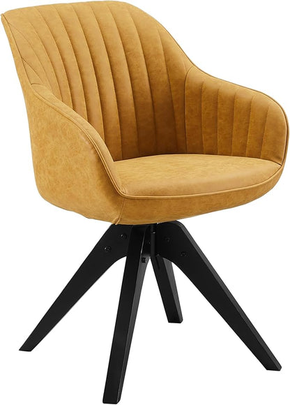 Art Leon Dining Chair, Mid Century Modern Faux Leather Upholstered Swivel Dining Room Chair with Wood Legs, Leisure Side Chair with Arms for Living Room, Yellow Brown