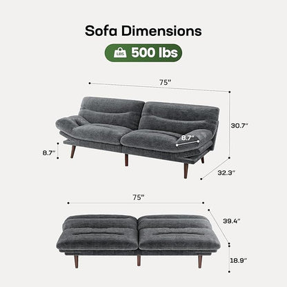 Marsail 75" Futon Sofa Bed, Futon Couch with Adjustable Backrest & Armrests, Convertible Sleeper Sofa Bed for Apartment, Living Room, Office, Corduroy Loveseat, Dark Grey