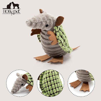 Hollypet Plush Dog Squeaky Toy Stuffed Armadillo Animal Pet Puppy Chew Toys with Clean Teeth for Small Medium Large All Breed Sizes Dogs, Green, 6 in