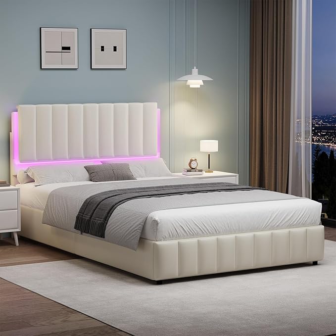 Full Size Bed Frame with LED Lights, Faux Leather Upholstered Platform Bed with Headboard and Wooden Slats Support, No Box Spring Needed, Noise-Free, Easy Assembly, Cream