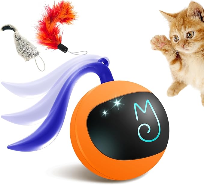 Migipaws Interactive Cat Ball Toy Set, Fun Tracker, Automatic Rolling Chase Ball with Fluffy Tail, A Small Mice, Rechargeable (Orange)