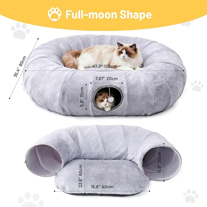 Luxury Plush Cat Tunnel Bed, White Faux Fur, Large Indoor Cat Hideaway, Cozy Sleeping Cave