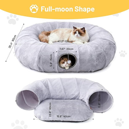 Luxury Plush Cat Tunnel Bed, White Faux Fur, Large Indoor Cat Hideaway, Cozy Sleeping Cave
