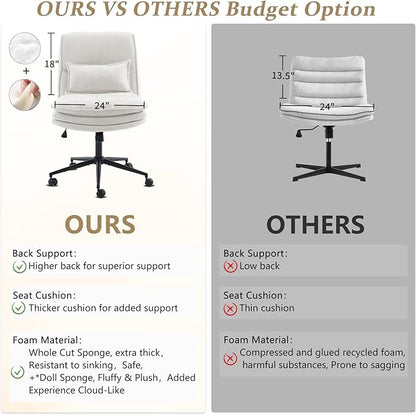 VINGLI Cloud Criss Cross Legged Chair,18" High Back Armless Home Office Desk Chair with Wheels,Wide Adjustable Comfy Padded Seat Task Computer Chair,Modern Swivel Makeup Vanity Chair,Fabric,Beige