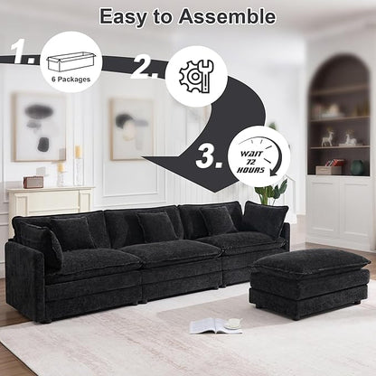 KIVENJAJA 111.5”W Chenille L-Shaped Modular Sectional Sofa, Modern 3-Seater Comfy Deep Seat Cloud Couch with Ottoman/Chaise & 5 Pillows for Living Room Office Apartment, Black