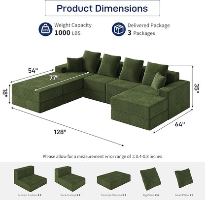 Living&Giving 128" U-Shaped Cloud Sectional Couch for Living Room, Cloud Boneless Couch-No Assembly with Reversible Chaise, Customizable 4-Seat Modular Sectional Sofa with 3 Ottoman, Green