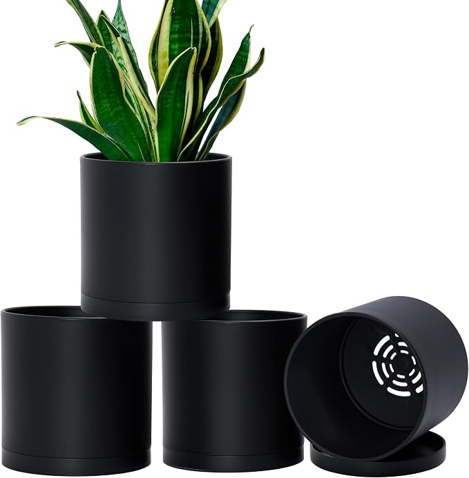 D'vine Dev 4 Pack 6.5 Inch Modern Plastic Plant Pots, Small Garden Planters for Plant with Drainage Holes and Saucers, Black Color, 74-Y-L-2