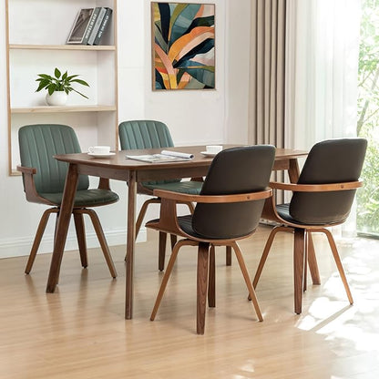 WUPOTO MCM Dining Chairs, Set of 2 Mid Century Modern Chairs with Walnut Craftsmanship, Upholstered Faux Leather, Wooden Arms and Legs, Faux Leather Dining Chairs for Kitchen/Living Room - Green