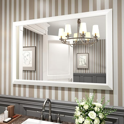 Amorho Bathroom Mirror, 48X32 Inch White Thick Metal Framed Wall Mirrors