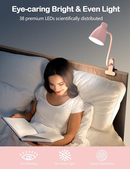 BOHON Cute Desk Lamp with Clamp 10W 38 LED Clip on Light, 5 Color 10 Brightness Auto Off Timer Flexible Gooseneck Pink Lamp Kawaii Accessories Desk Lights for Office Home Bed Bedside Reading, Pink