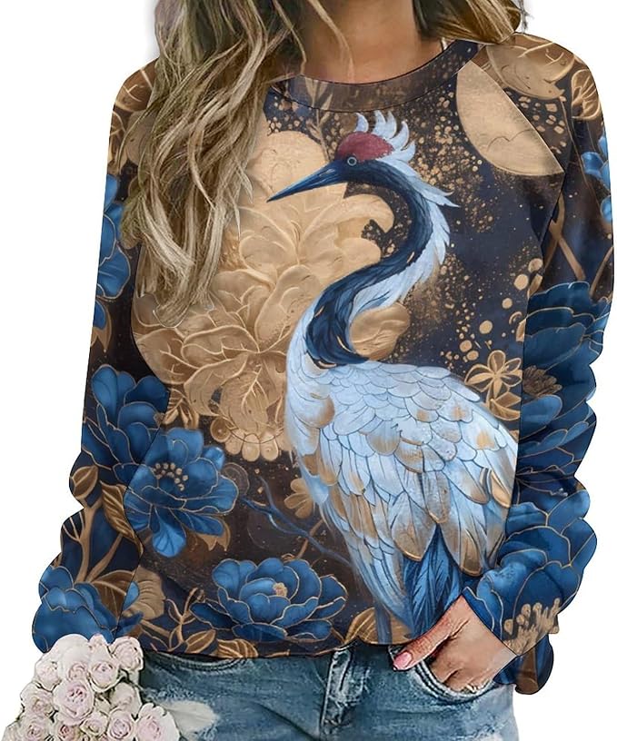 Womens Long Sleeve Tops Y2k Japanese Art Print Sweatshirts Fall Pullover for Women Crewneck Vintage Shirts Boho Tops