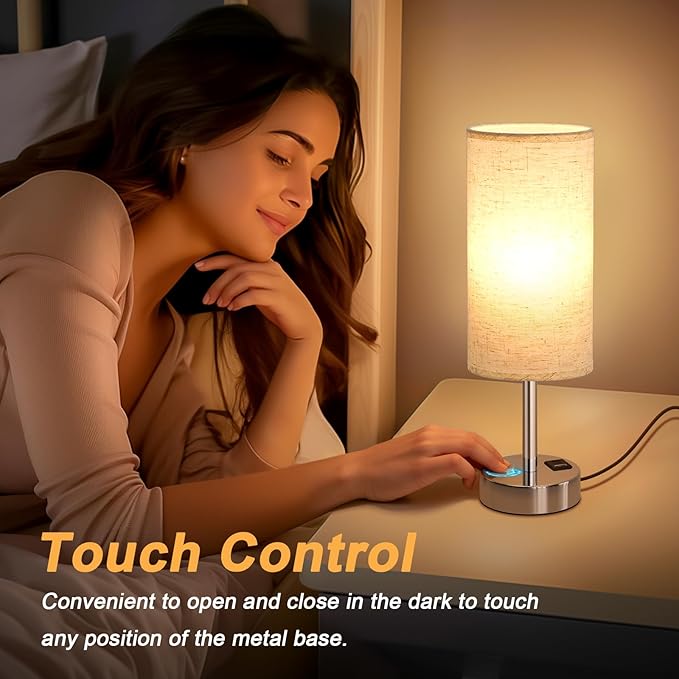 Dicoool Touch Table Lamp for Bedroom Nightstand - Bedside Lamp with USB-C USB-A Charging Ports White, 3 Way Dimmable Small Desk Lamp for Bedroom, Dorm Room, Office, Living Room, Reading, Bathroom
