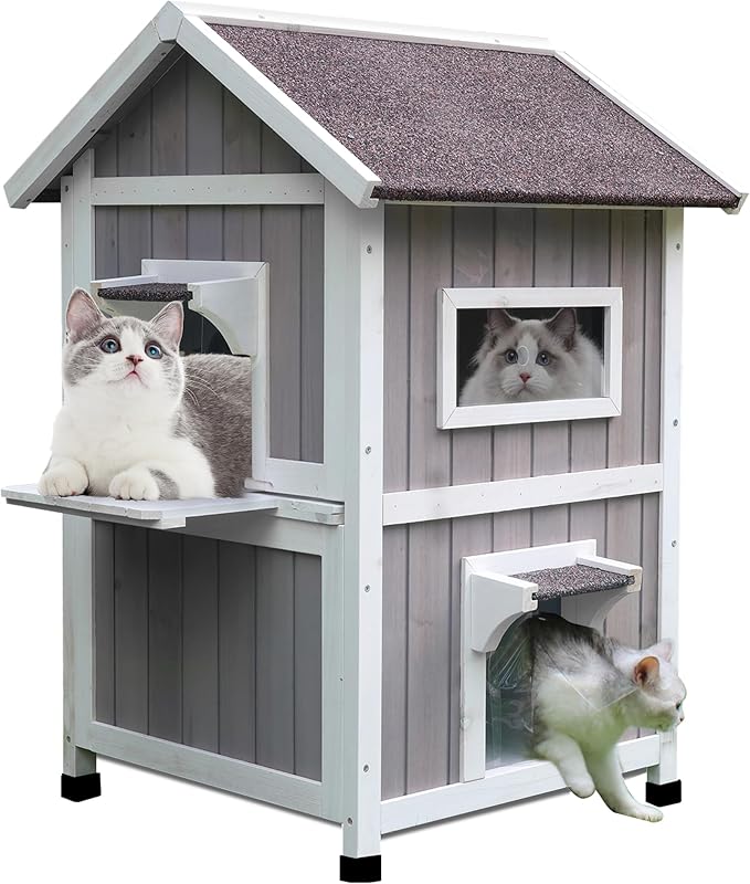 Rockever Outdoor Cat House, Large Outdoor Houses for Feral Cats Wooden Outside Cat Shelter Weatherproof with Escape Door