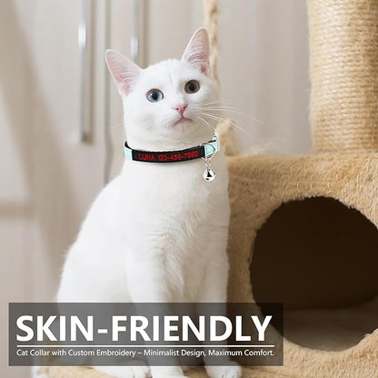 Personalized Nylon Cat Collar Breakaway with Bell, Custom Glow in The Dark ID Collar with Embroidered Name and Phone Number (Glow in The Dark)