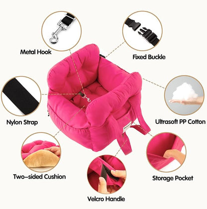 Dog Car Seat for Small Dogs, Portable Puppy Car Seat of Easy Installation, Fashionable Pet Carrier Bag with Large Pockets, Machine Washable Dog Booster Seat (Rose Red)