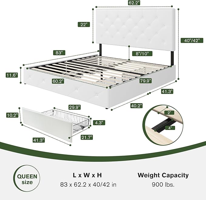 MUTICOR Queen Size Bed Frame with 4 Storage Drawers, Upholstered Platform Bed with Button Tufted Adjustable Headboard, No Box Spring Needed, Easy Assembly, Diamond Tufted, White Leather