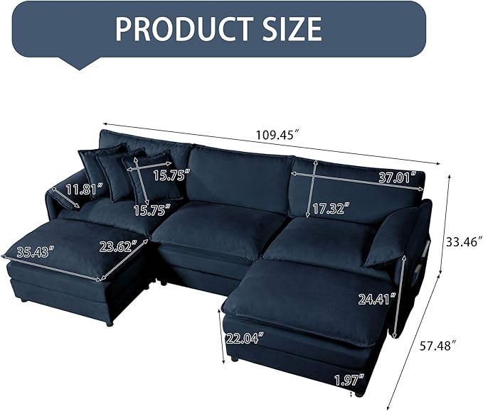 109.45" Oversized Extra Deep Seat Modern Chenille Cloud Couch, Large 3 Seater U Shape Modular Sofa for Living Room Bedroom Apartment Office (Blue, 109.45 Inch-U Shape)