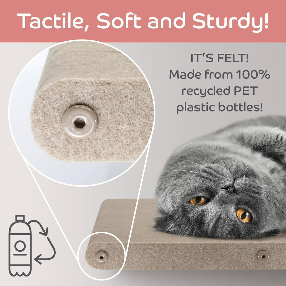 Wall Mounted Cat Steps Short Shelves (2) by Pryde Pets - Stairs for Walkways, 100% Sustainable PET Felt Feline Enrichment Climber Furniture for Indoor Cats, Modern Climbing Gym Design (Oatmeal)