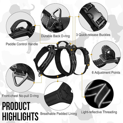 OneTigris Dog Harness No Pull Adjustable Tactical Harness with Soft Padding | Y-Shaped Reflective High-tensile Nylon, 1 Handle, 3 D-rings Easy Walk Dog Harness for Medium Large Dogs Easy on/off Tactical