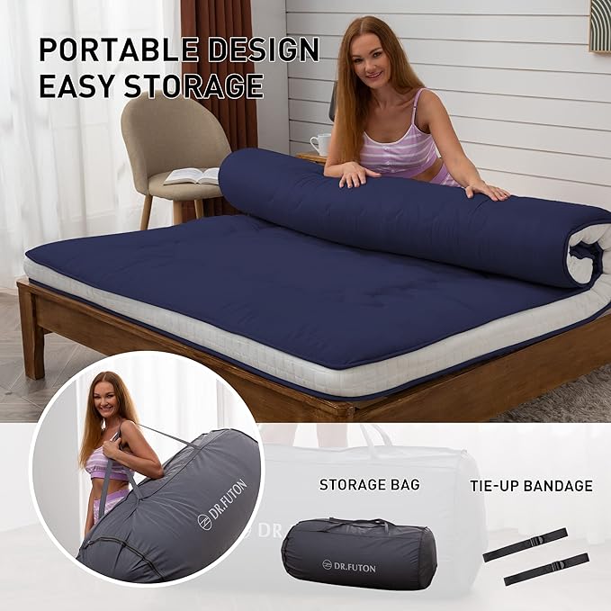 Dr.Futon Japanese Floor Futon Mattress Extra Thick Folding Roll Up Bed Topper Mat for Guest,Lounger and Tavel