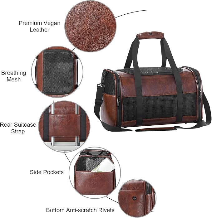 Fashion Leather Dog Carrier, Airline Approved Cat Carrier Soft Sided Pet Bag Carrier Purse for Puppy Kitten Small Animals Coffee