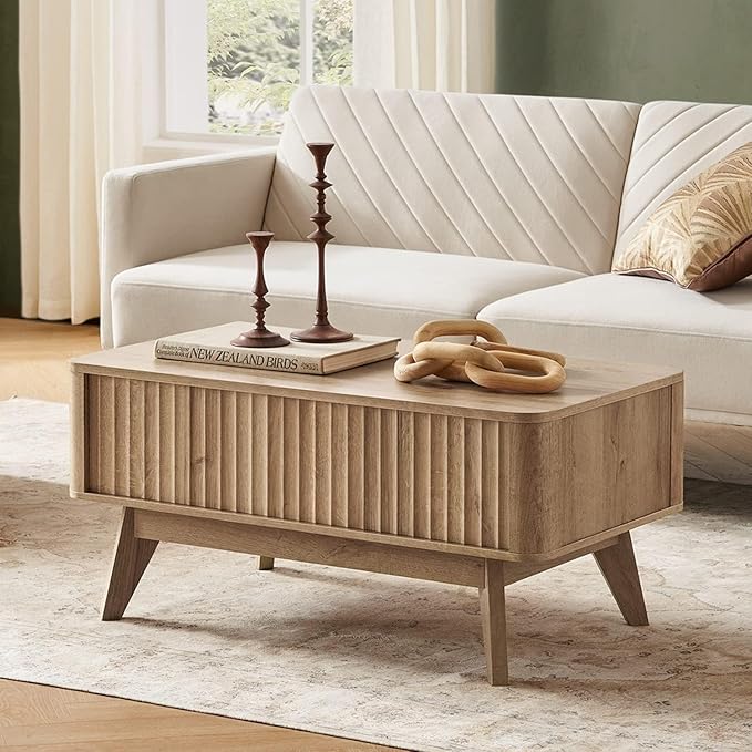 mopio Brooklyn Coffee Table, Lift Top Coffee Tables for Living Room, Mid Century, Modern Farmhouse Center Table with Lifting Top & Hidden Storage, Fluted Panel, Rising Pull Up (Oak Fluted)
