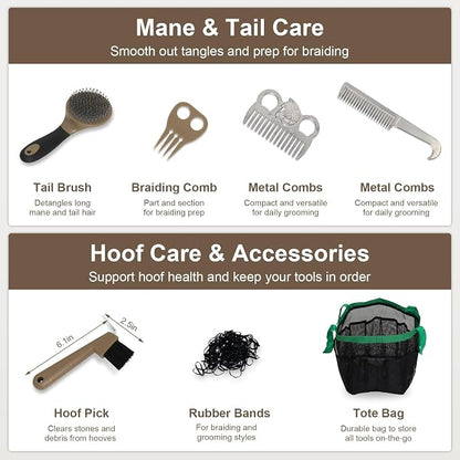 Horse Grooming Kit 14 Pieces, Horse Brushes for Grooming Supplies Set | Includes Curry Comb, Hoof Pick, Gloves & Mane Tools Durable Grooming Set for Bathing, Shedding and Daily Horse Care